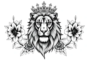powerful majestic lion with a crown, surrounded by dahlia ornaments tattoo idea
