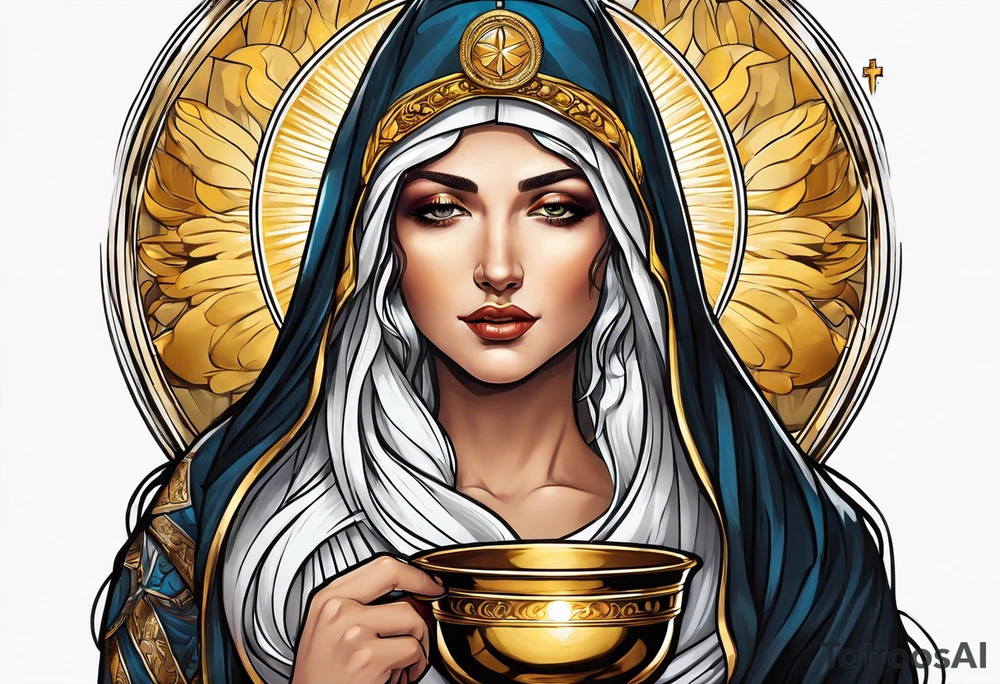 holy saint woman with golden halo holding a chalice tattoo idea
