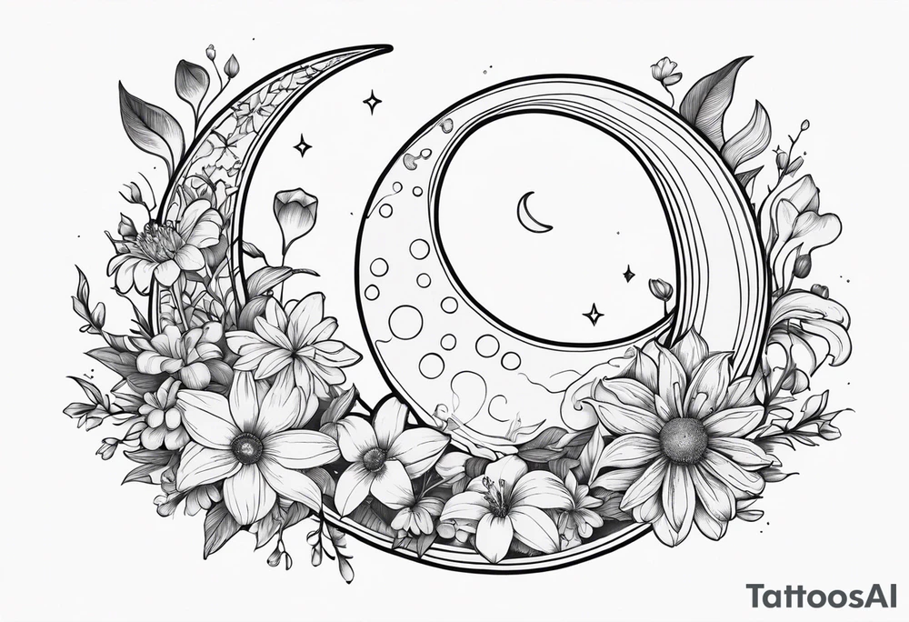 Crescent moon with daisy's, lily’s, crystals, and mushrooms tattoo idea