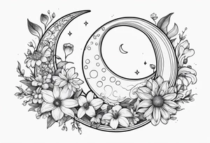 Crescent moon with daisy's, lily’s, crystals, and mushrooms tattoo idea