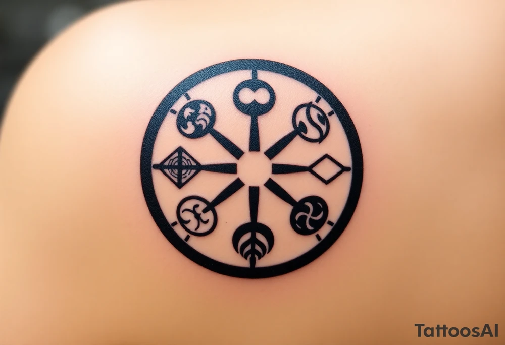 A fusion of all five faction symbols, seamlessly blended into a circular design, representing sci fi movie Divergent tattoo idea