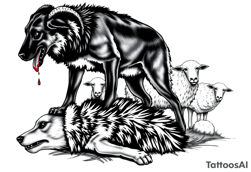 Belgian black sheepdog with a bloody mouth standing over a defeated wolf with sheep in the background tattoo idea