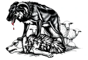 Belgian black sheepdog with a bloody mouth standing over a defeated wolf with sheep in the background tattoo idea