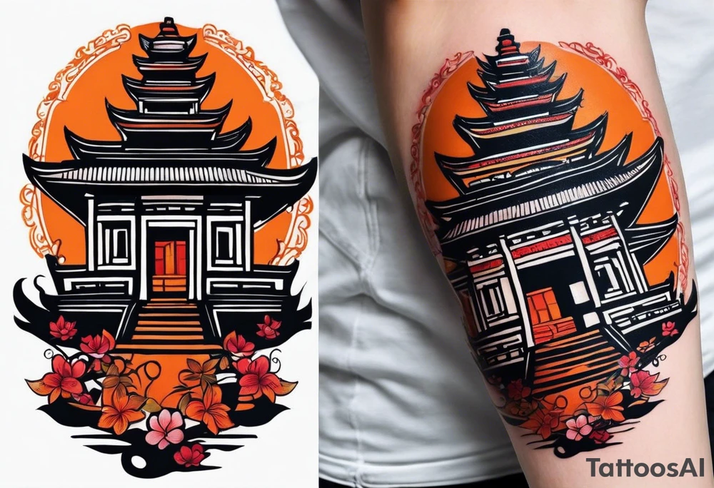 quiero crear una composicion para un tatuaje del antebrazo completo en blanco y negro con pequeños tatuajes de tematica asiatica que incluya una rana con sombrero de vietnam, varios guerreros de terracota y una imagen del templo de camboya ankor tattoo idea