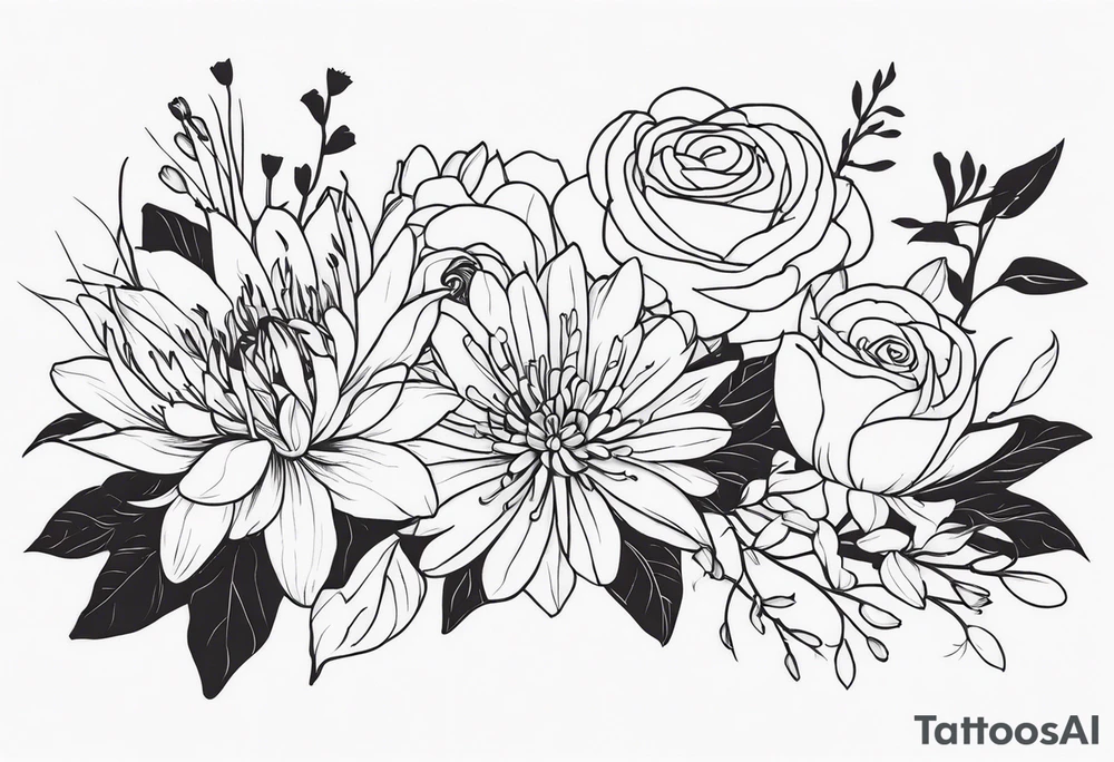 Asters, roses, lillies, and chrysanthemums in a long line tattoo idea