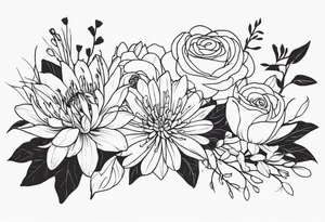 Asters, roses, lillies, and chrysanthemums in a long line tattoo idea