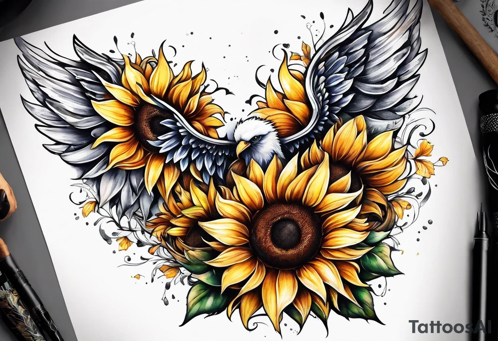 Sunflowers and angel wings leg sleeve tattoo idea