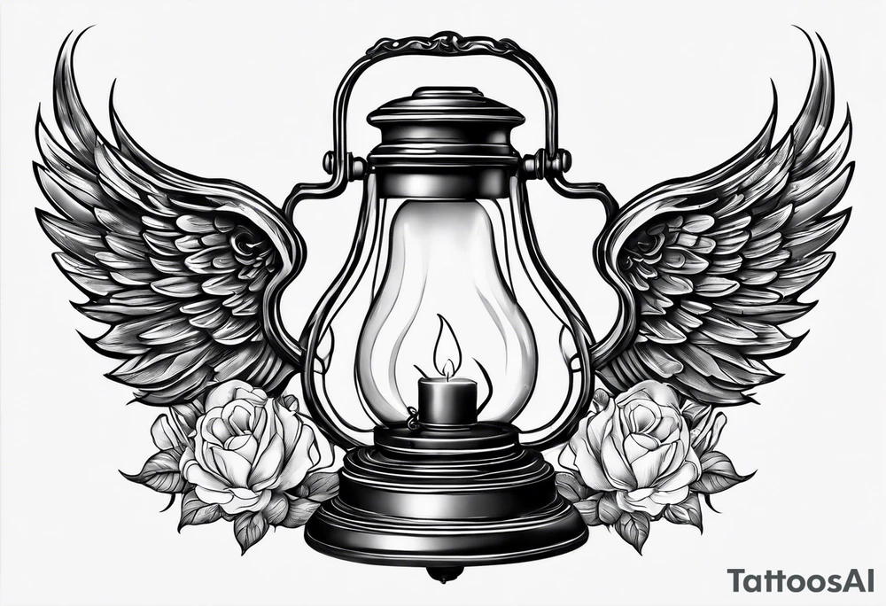 Extinguished oil lamp with smoke and angel wings tattoo idea