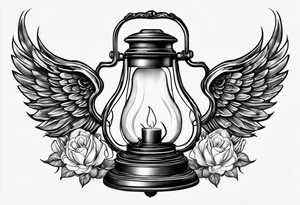 Extinguished oil lamp with smoke and angel wings tattoo idea