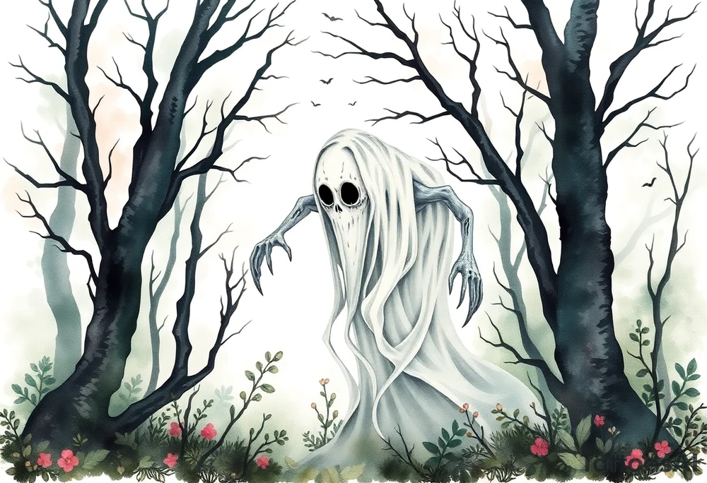 Eerie ghost looking creature in the woods tattoo idea