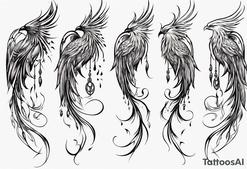 Vertical Phoenix with abstract dream catcher tail tattoo idea Vertical Phoenix with abstract dream catcher tail tattoo idea