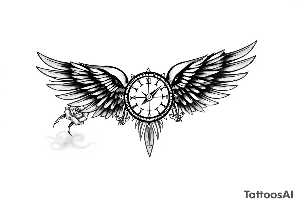 Wing with compass  a clock on elbows with roses tattoo idea