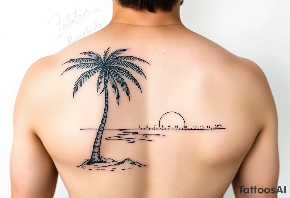 palm tree, beach, sun, timeline on arm tattoo idea