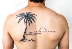 palm tree, beach, sun, timeline on arm tattoo idea