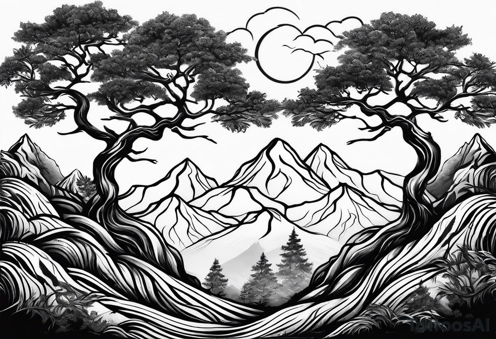 Three mountains three trees with roots tattoo idea