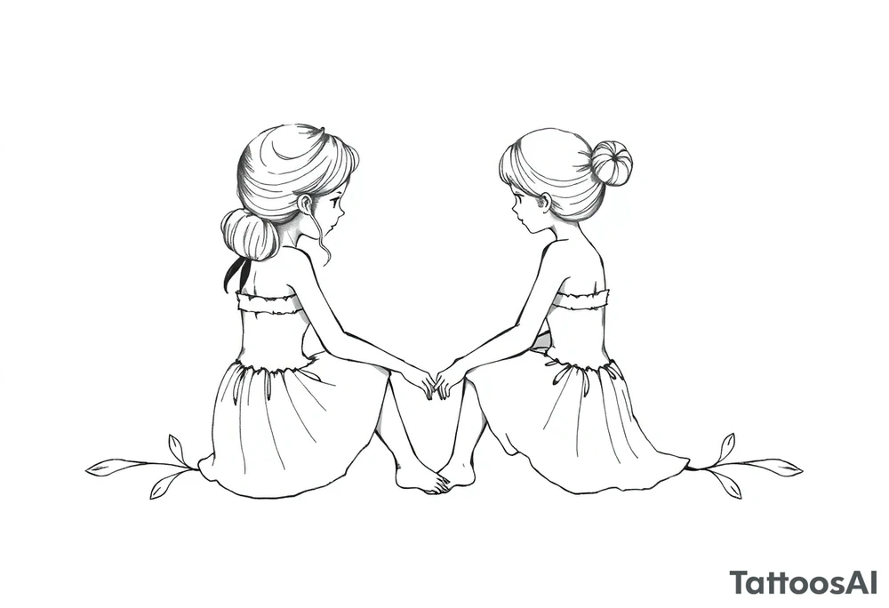 Zwei kleine mädchen sitzen sich gegenüber eine hat einen Dutt die andere einen Zopf und sie berühren sich an den Fußsohlen tattoo idea