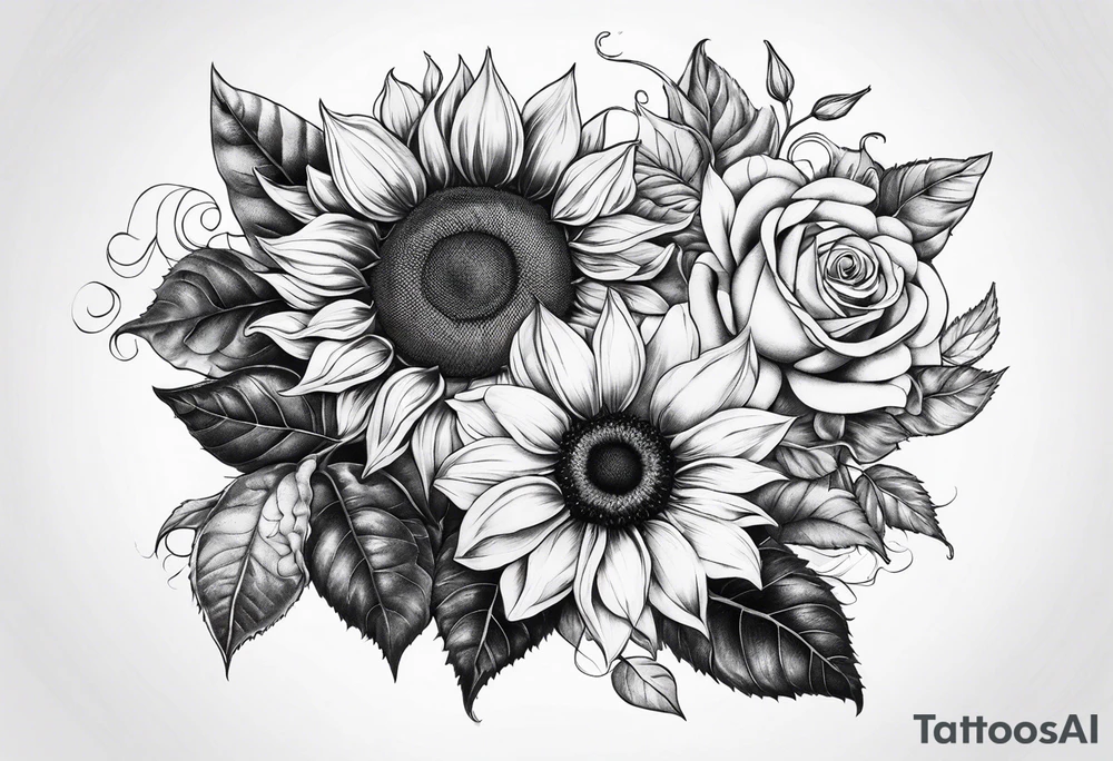 Sunflower and rose flower tattoo idea