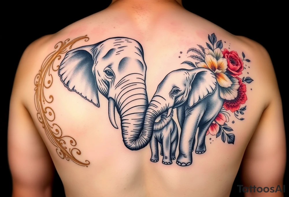couple of elphants, a mother and a child
 facing foward tangling their trunks
sorrounded by a golden  art frame with beautiful design, but only in the left half, in the right instead of a frma blows a blast of colors with variants of coloured flowers tattoo idea