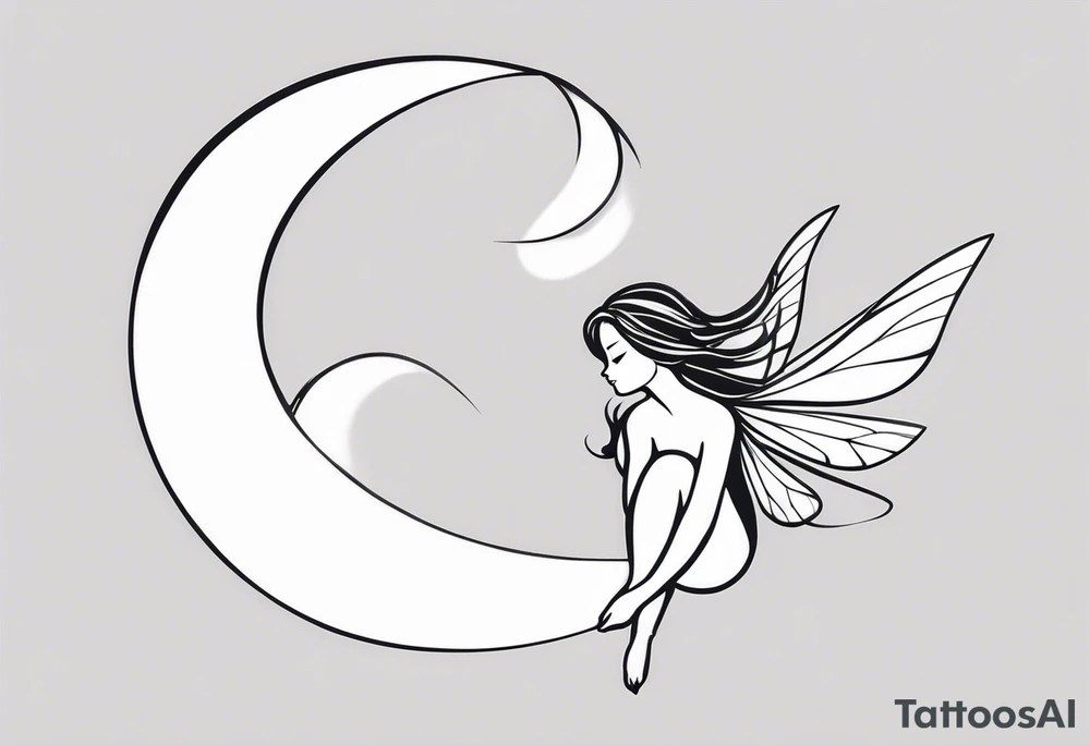 Minimalistic, monochromatic fairy with a tail flying to the left in a fetal position, leaning and looking in the same direction, with visible hands, embodying the 'Fairy Tail' logo aesthetic. tattoo idea