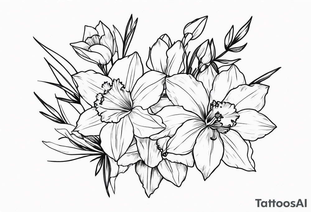 Larkspur flower and narcissus flower bouquet tattoo idea