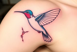 A hummingbird leaving a trail of glowing hieroglyphs as it flies(only red , blue and black are possible colors) tattoo idea