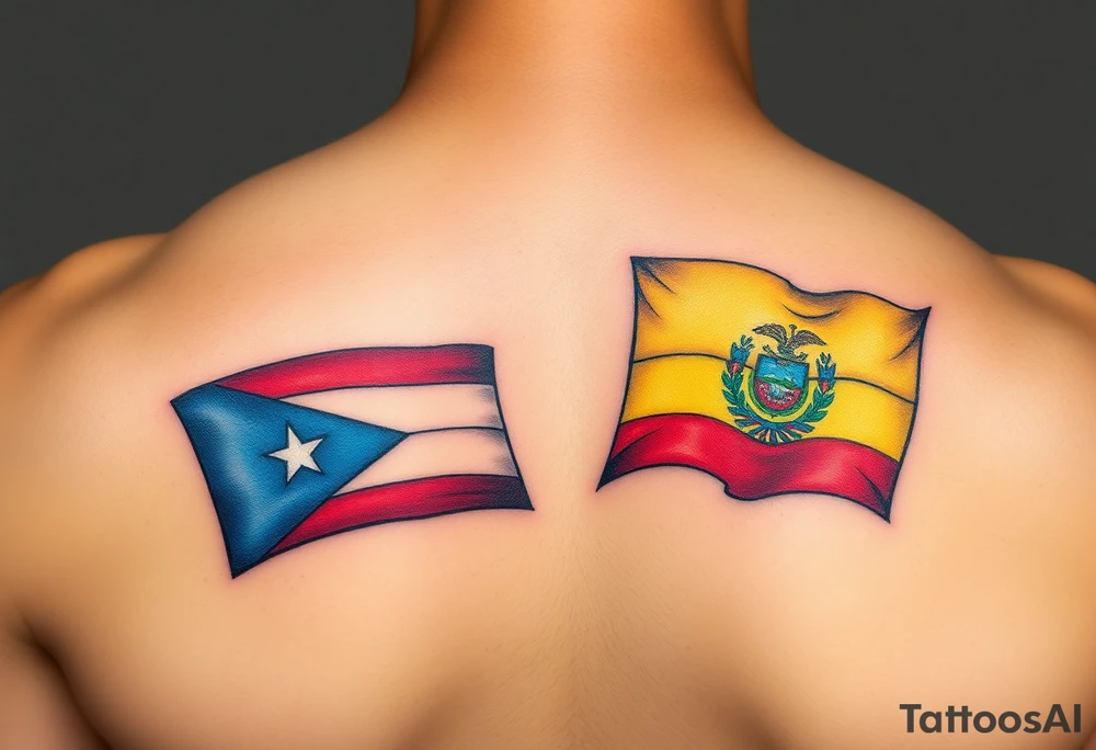 he representative elements of Puerto Rico and Ecuador, highlighting their flags, colors, and cultural symbols in a fluid and harmonious style. tattoo idea