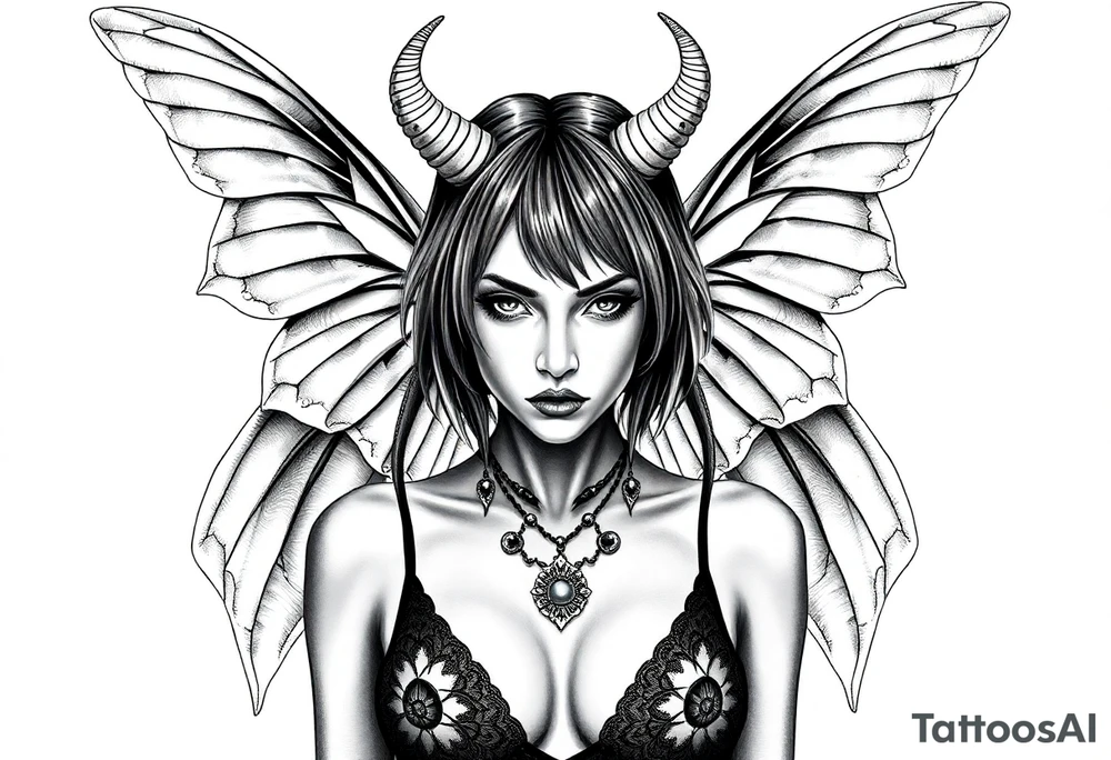 A powerful extremely sexy depiction of a start date with angel wings resembling that of a lunar moth and horns resembling the moths antennas with the son of of her head as if a Halo with two crescent men's off to each side full frontal nude with exotic see through lingerie with a sensual enticing glare short hair length of approximately 8 inches realistic erotic necklace encompassing the look of the hottest goddess of Love and war tattoo idea