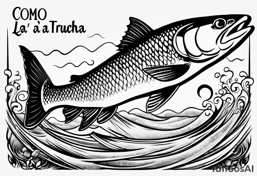 A small tattoo with a shaded trout and text that says, 'Como la trucha...' drawn with fine lines." tattoo idea