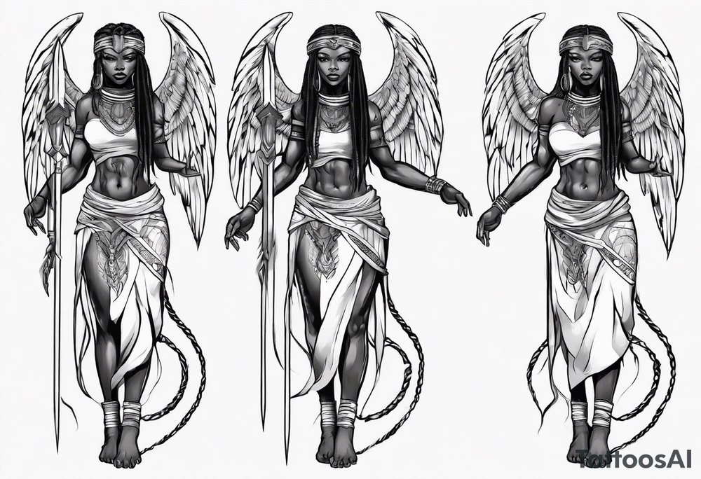 African female valkyre warrior full body angelic
slim long face long braided hair descending from heaven tattoo idea