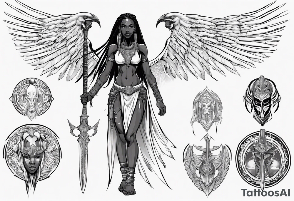 African female valkyre warrior full body angelic
slim long face long braided hair descending from heaven sword & shield tattoo idea