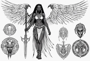 African female valkyre warrior full body angelic
slim long face long braided hair descending from heaven sword & shield tattoo idea