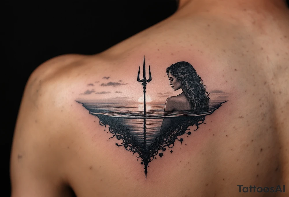 trident half way under calm water at sunset with topless woman tattoo idea