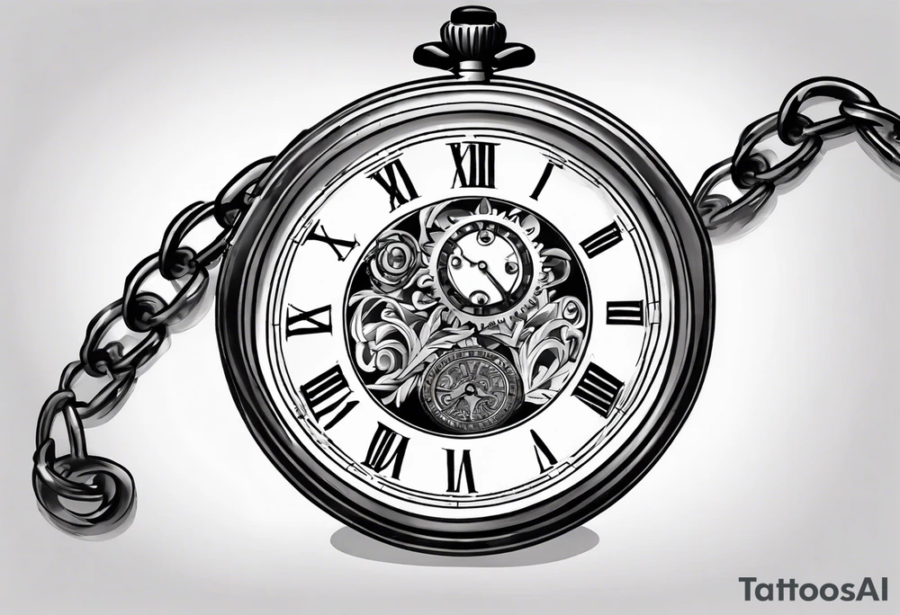 Pocket watch with chain, Roman numerals, date in Roman numerals inside timepiece, classic, elegant, traditional tattoo idea Pocket watch with chain, Roman numerals, date in Roman numerals inside timepiece, classic, elegant, traditional tattoo idea