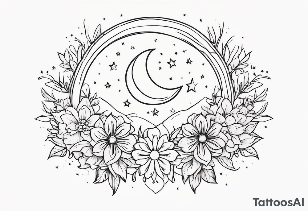 Western floral with sun stars and moon. Mirrored tattoo idea