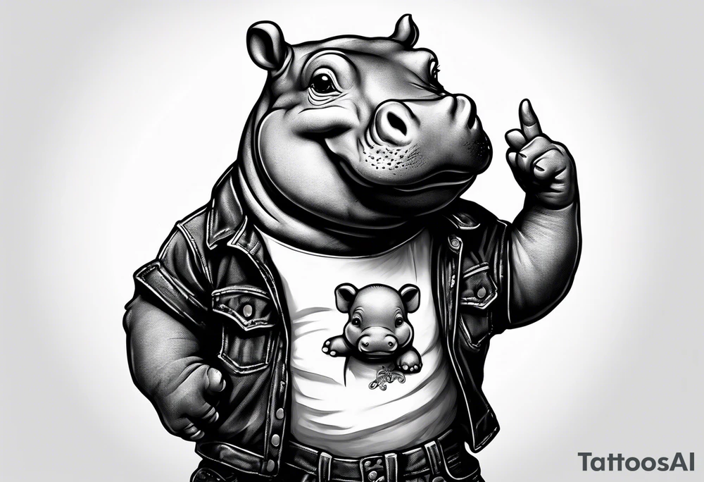 Baby hippo wearing overalls holding up his middle finger tattoo idea