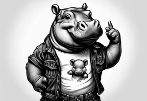 Baby hippo wearing overalls holding up his middle finger tattoo idea