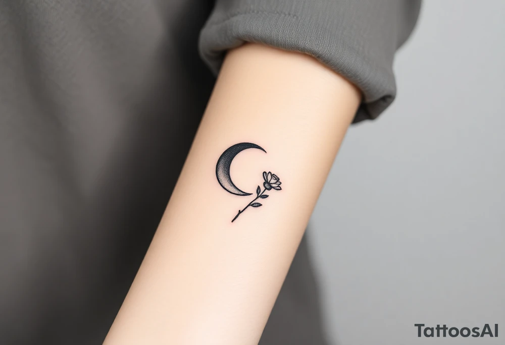 Small black and white tattoo waning crescent moon with small rose birth flower AND tiny Gemini gliph tattoo idea