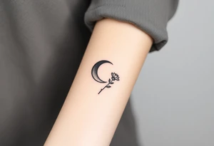 Small black and white tattoo waning crescent moon with small rose birth flower AND tiny Gemini gliph tattoo idea