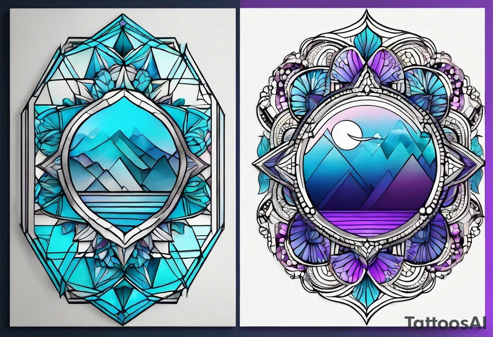 Relógio de areia com detalhes geométricos e uma areia colorida em tons degradê de azul, turquesa e violeta tattoo idea