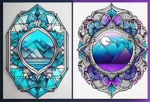 Relógio de areia com detalhes geométricos e uma areia colorida em tons degradê de azul, turquesa e violeta tattoo idea