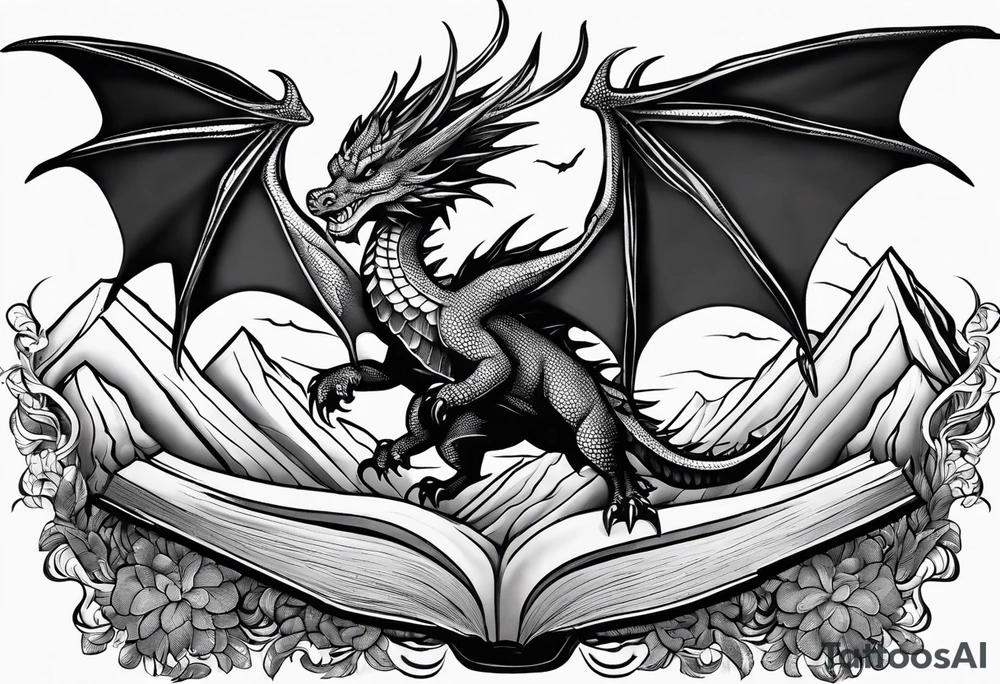 A large open book fluttering pages. a tiny dragon with scales and four legs flying high in the sky. three mountains magic tattoo idea