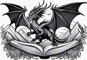 A large open book fluttering pages. a tiny dragon with scales and four legs flying high in the sky. three mountains magic tattoo idea