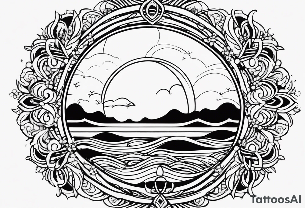 my sister's name Nėja and my mum's name Jūratė, I want to make a tattoo for them, I want to illustrate my sister as sun and my mum as ocean (wave or sea). My sister is very happy and always sunshine, my mum is strong and loves ocean. Made it in a circle. sun should radiate happy energy, ocean strong energy tattoo idea