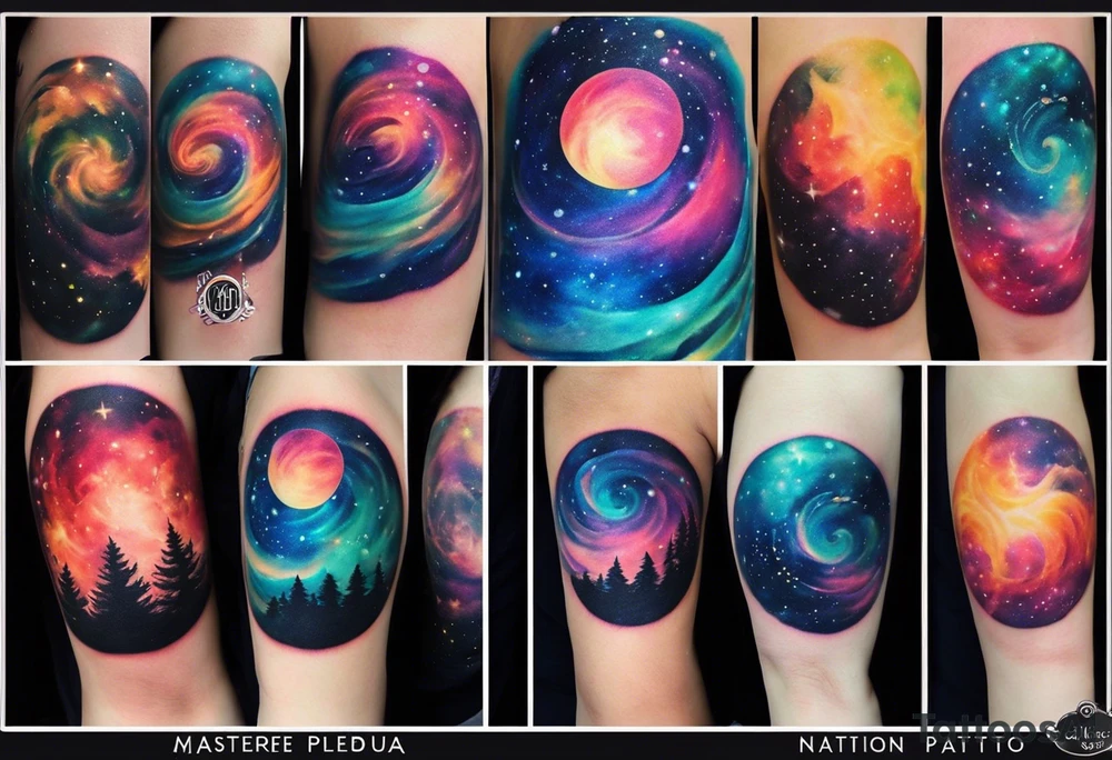 I want a spiral nebula space galaxy tattoo that's colorful and bright and cute and is nice to look at I don't want a traditional circle I want it like the ones thay look like an s shape and this tattoo will be on my left buttcheek and light colors I want more spread and less circle tattoo idea