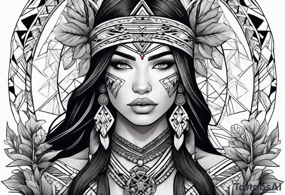 War indigenous woman holding a cross with plants and nature behind her, half sleeve tattoo idea