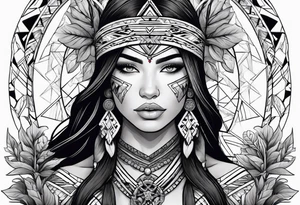 War indigenous woman holding a cross with plants and nature behind her, half sleeve tattoo idea