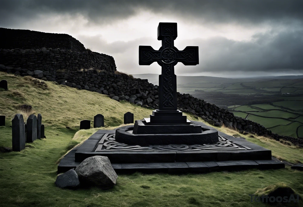 A monochromatic scene dominated by the presence of a massive, intricately carved stone Celtic cross standing tall and solemn atop a barren hill. The cross is crafted from black basalt, its arms stretching outward to form a crucifix adorned with intricate knotwork designs. At its base, the cross is surrounded by a circular pattern of interlocking circles, symbolizing eternity and the never-ending cycle of life and death. tattoo idea