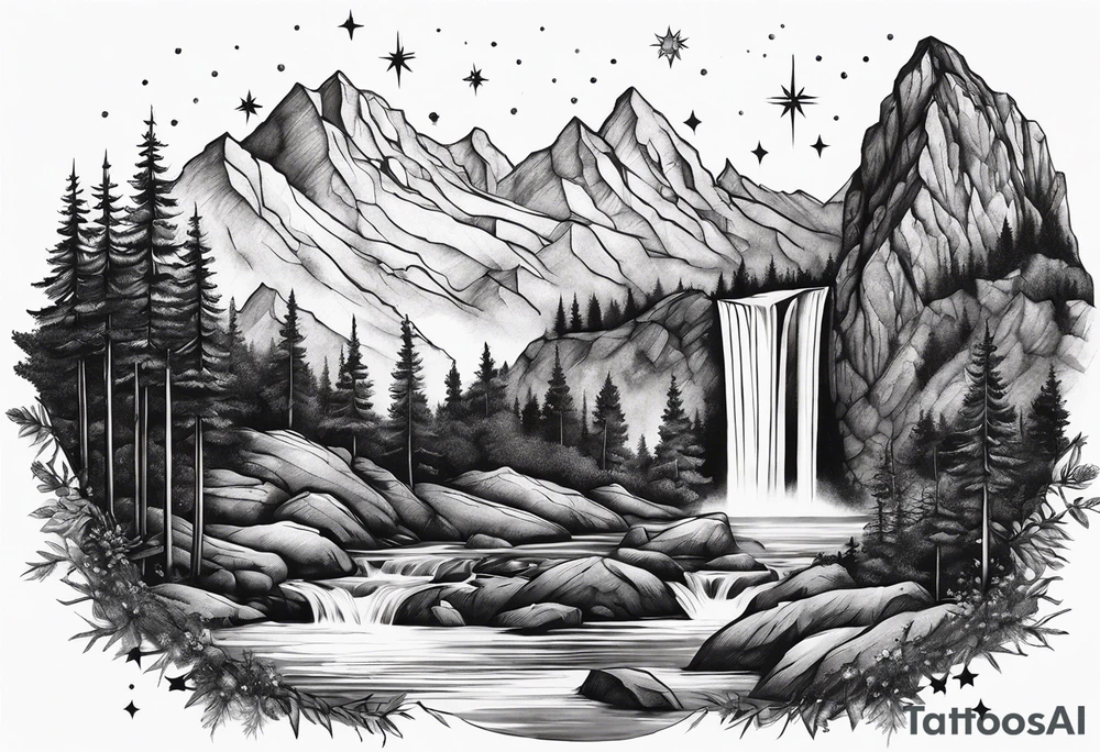 mountains, nature, stars, cross, waterfall, water tattoo idea
