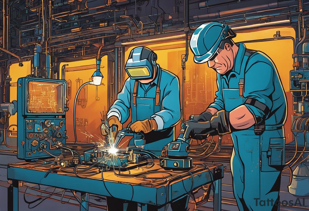 Two 60-year-old characters working together on creating a big mechanism made of iron and electronic circuits. The first character is a welder, dressed in a welding suit and mask. The second character is a fitter, wearing a shirt with sleeves rolled up to the forearms and a tool belt. No hat. The mechanism they are working on should be in the center of the drawing, should look like a heart and to be 1\5 of the whole immage.  Characters positioned on either side of the mechanism. The sketch should convey a sense of teamwork and craftsmanship tattoo idea