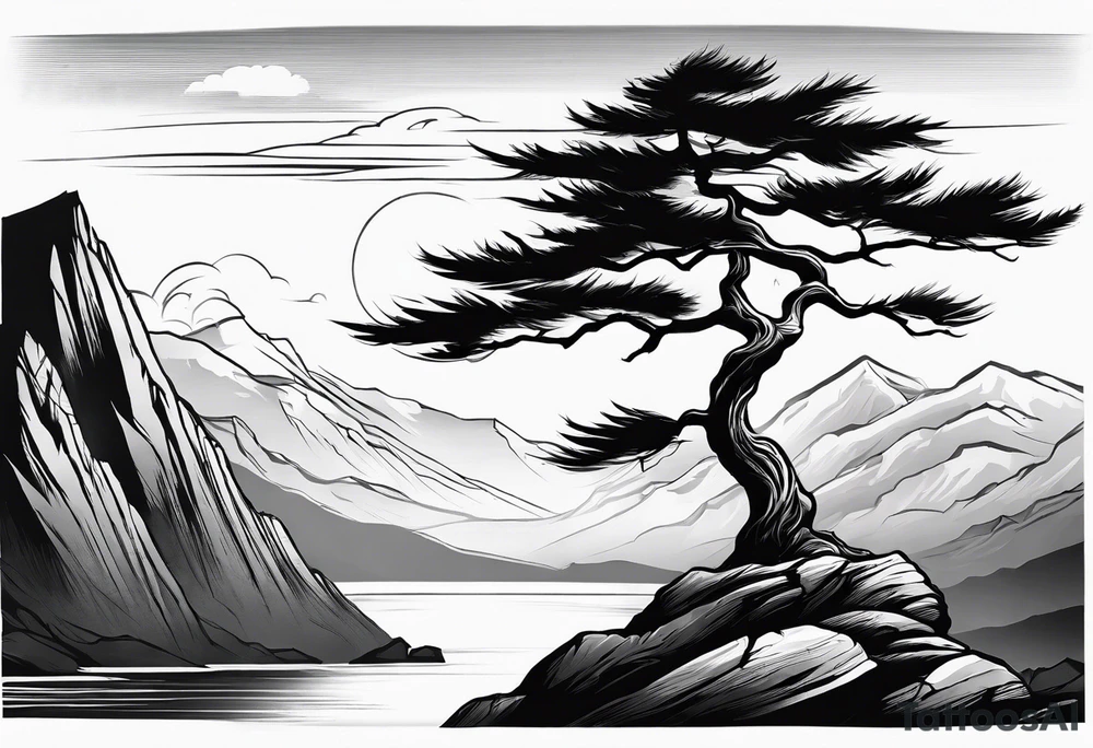 sleeve tattoo wind swept tree before lake with rock face on other side of ridge. tattoo idea